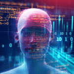 3d rendering of human on geometric element technology background represent artificial intelligence and cyber space concept