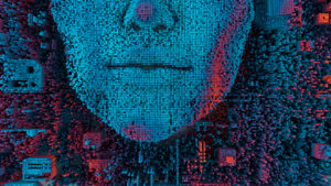 Abstract landscape made of tiny cubes and human-like face, artificial intelligence concept