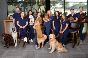 An optometrist poses with her staff showing off her fun work environment with two big dogs included in the photo.